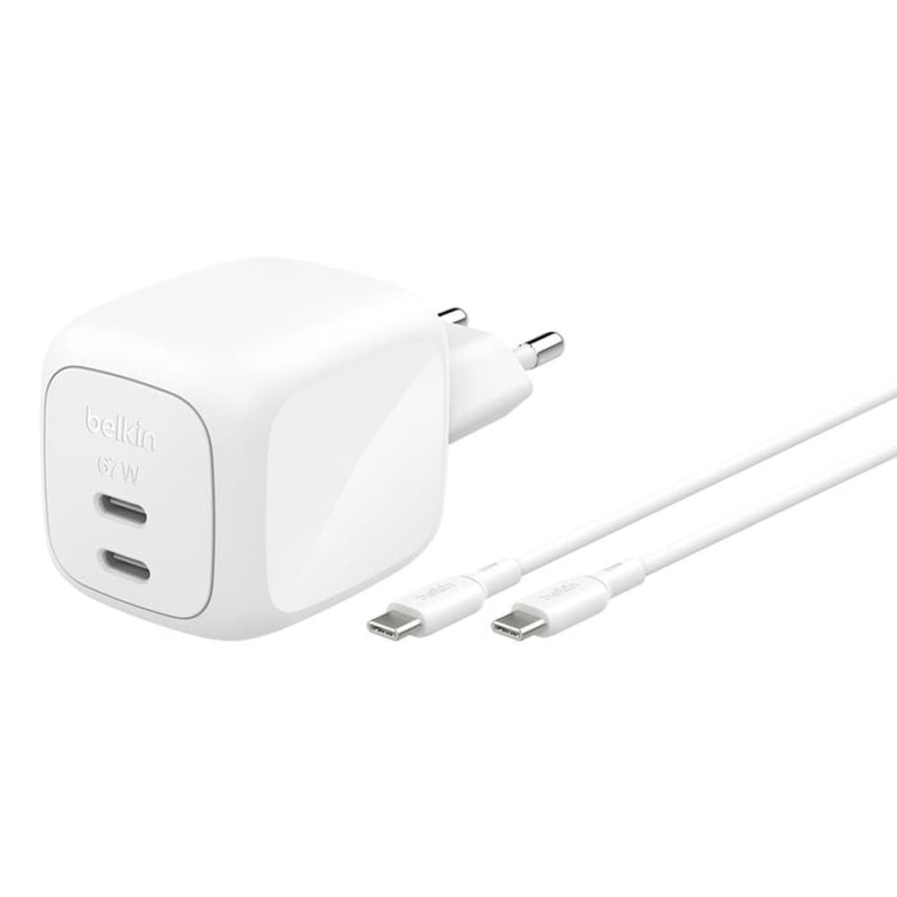 Belkin BoostCharge 67W Dual USB-C PD Wall Charger with PPS + USB-C to USB-C Cable - 2m - White